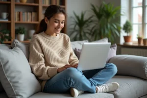 Femme détendue sur un canapé avec ordinateur portable