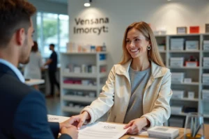 Femme souriante remettant un document à un employé en libre-service
