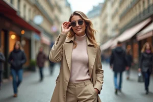 Femme élégante en trench beige à Paris