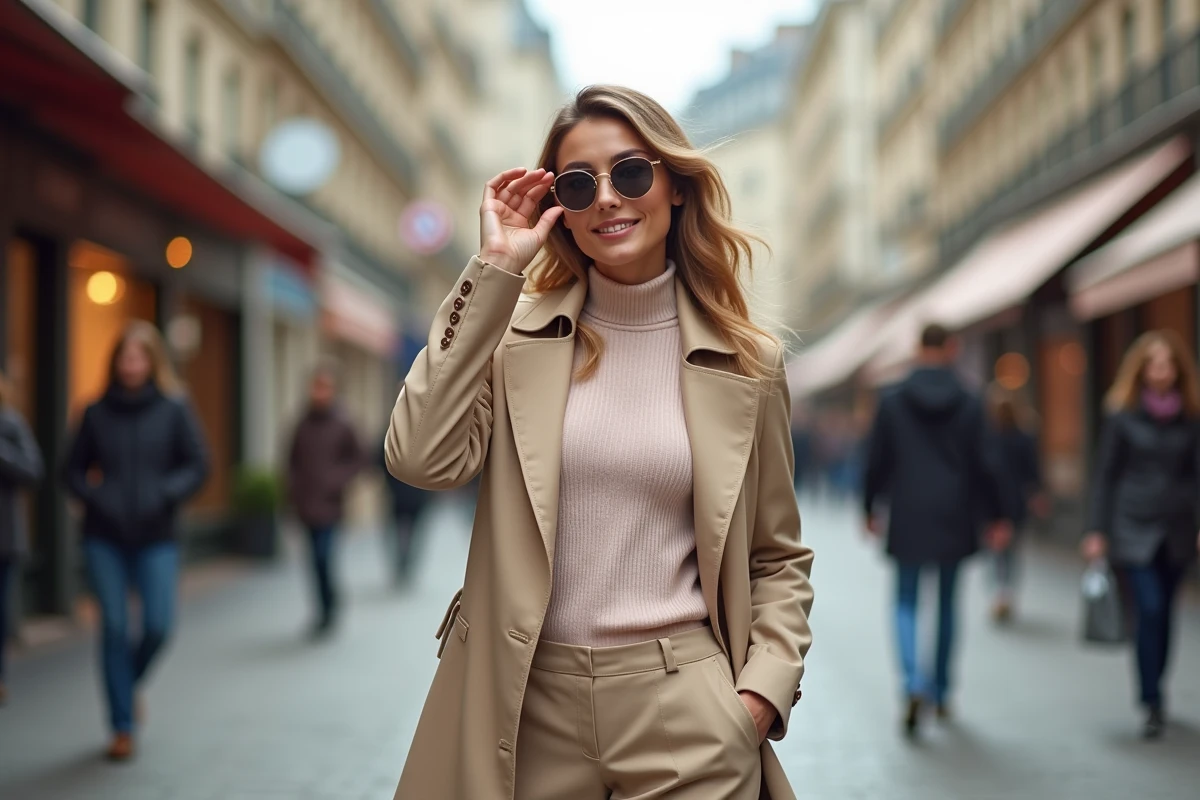 Femme élégante en trench beige à Paris