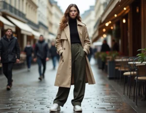 Femme portant un trench coat beige oversize et un pantalon large dans une rue parisienne pavée sous la pluie, style mode urbaine automne