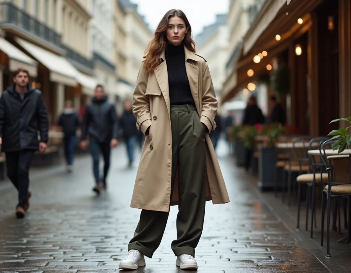 Femme portant un trench coat beige oversize et un pantalon large dans une rue parisienne pavée sous la pluie, style mode urbaine automne