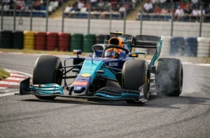 Voiture de Formule 1 en pleine courbe sur circuit, illustrant la technique lift and coast en F1 pour économiser les freins et les pneus