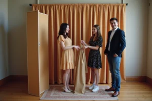 Trois adultes souriants installant un photobooth modulable en intérieur