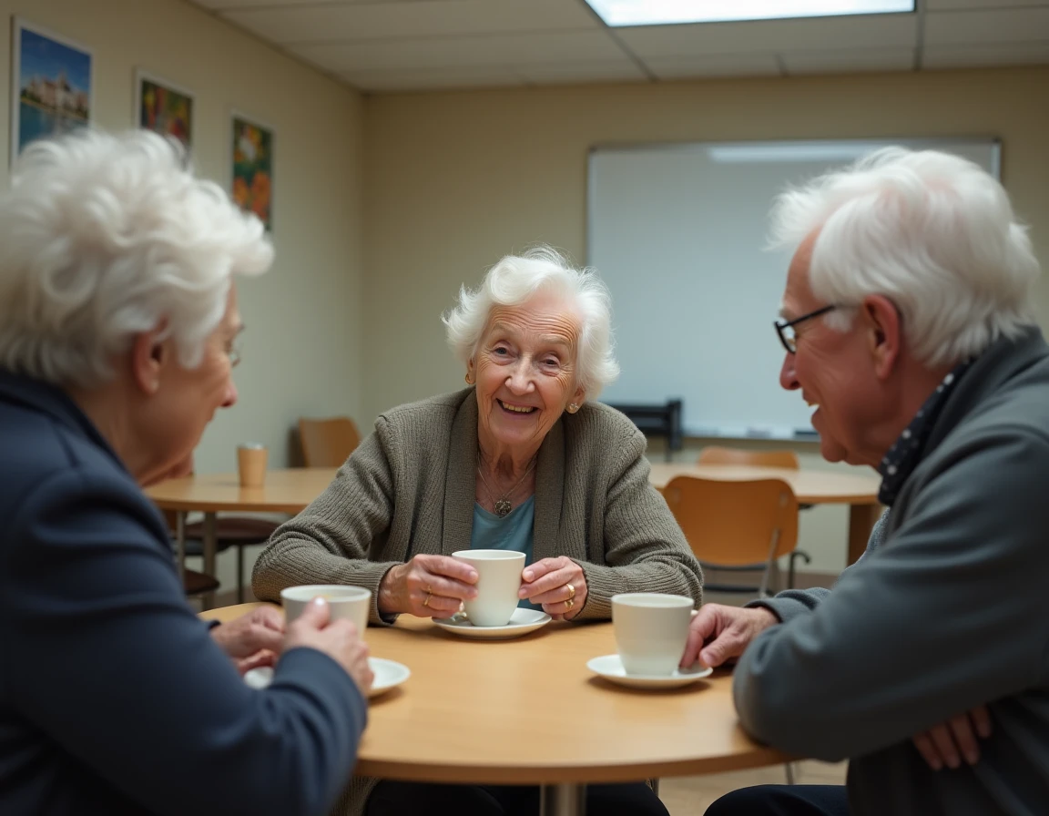 Groupe de personnes centenaires en conversation dans un centre communautaire en France