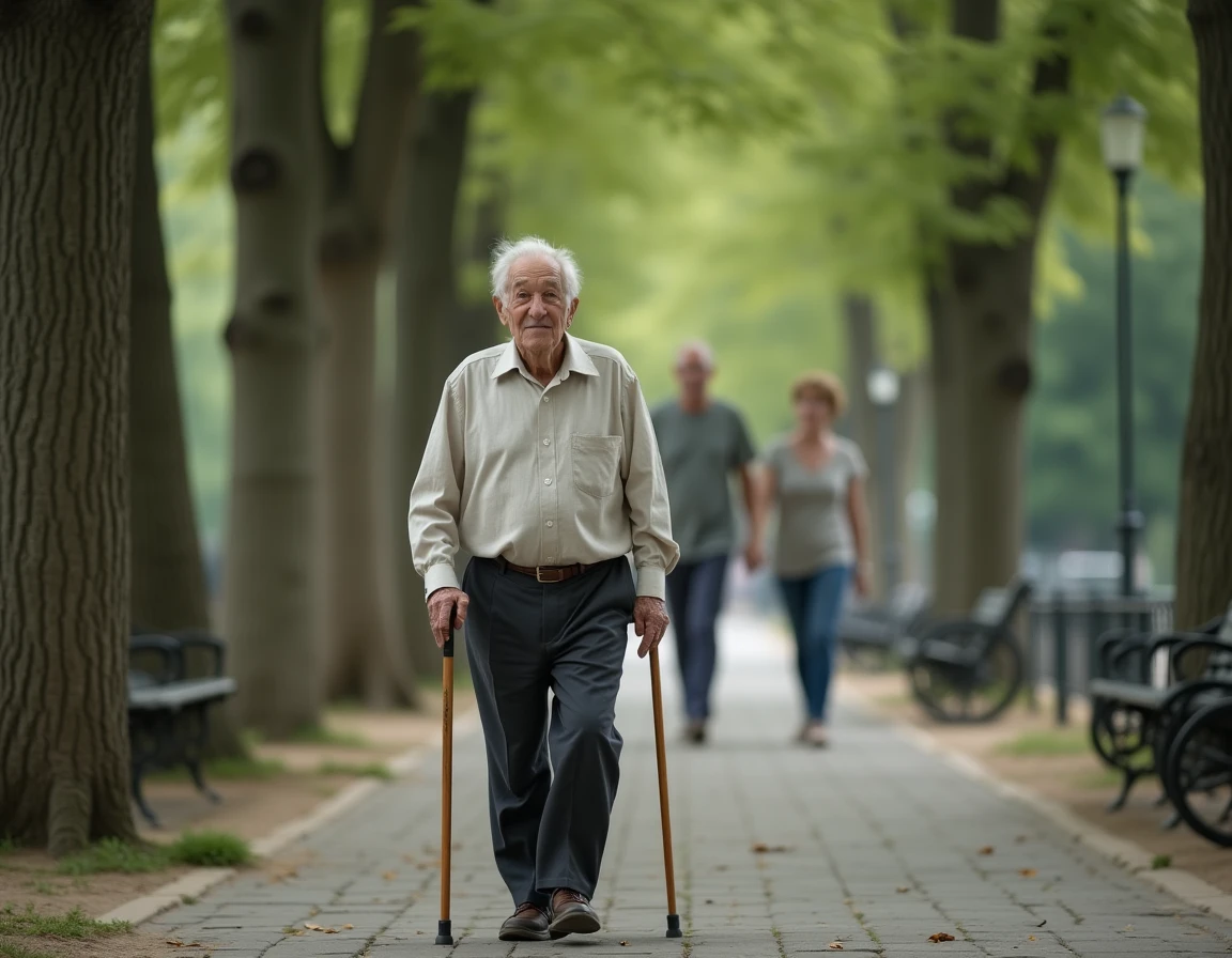 Homme âgé de 95 ans se promenant dans un parc parisien avec un accompagnant