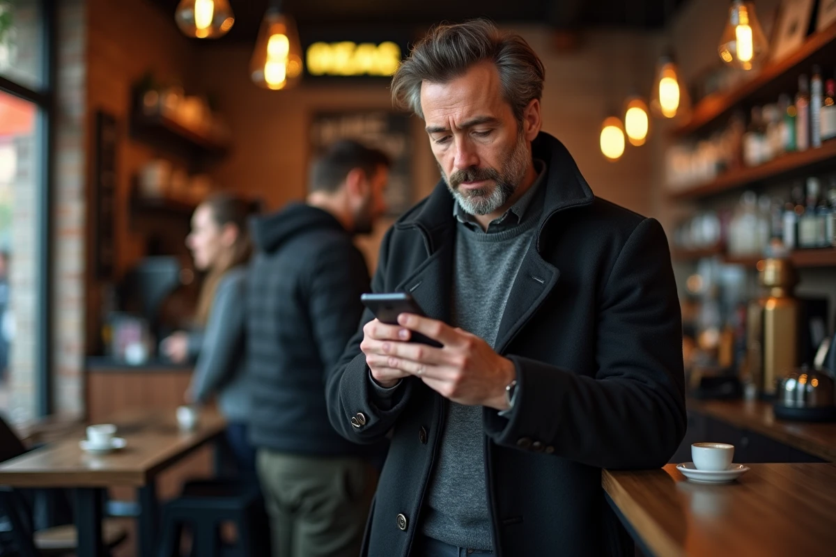Homme lisant les tendances de l'actualité sur son smartphone dans un café urbain animé