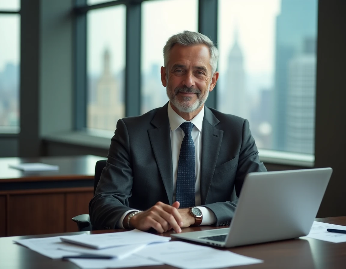 Homme d'affaires en costume charcoal assis à un bureau de direction dans un bureau new-yorkais avec vue sur la ville, évoquant l'univers de la série Billions