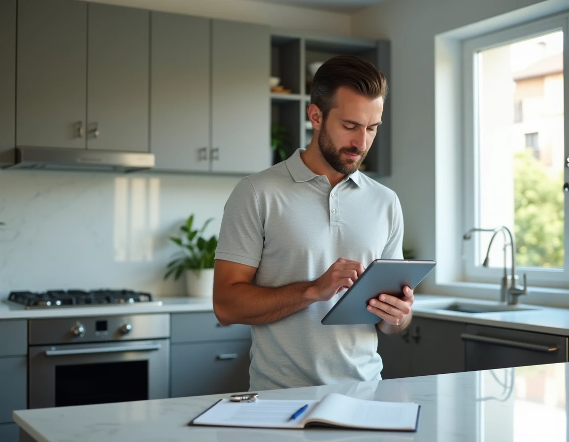 Homme consultant une application immobilière sur tablette dans une cuisine moderne avec des documents de démarches administratives