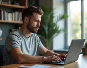 Un homme consultant un avertissement de sécurité sur Firefox depuis son bureau à domicile