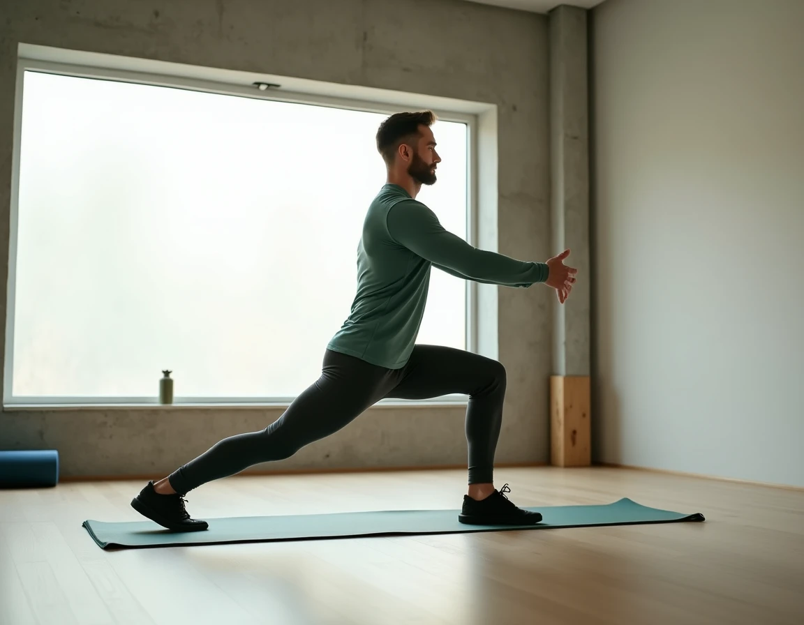 Homme sportif en tenue de bien-être effectuant des étirements dans un espace fitness moderne et épuré