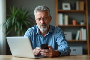 Homme d'âge moyen au bureau avec ordinateur et smartphone