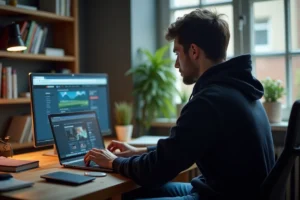 Homme en hoodie regardant son ordinateur pour le partage de fichiers