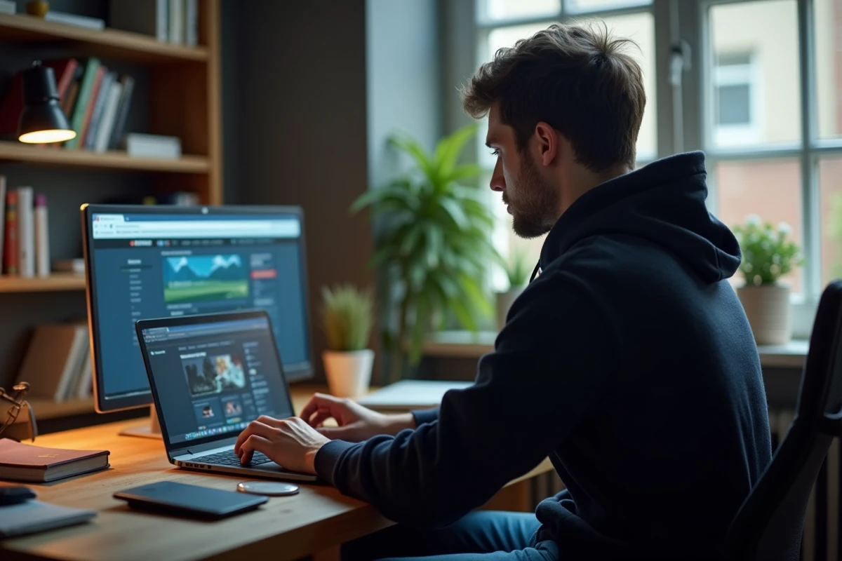Homme en hoodie regardant son ordinateur pour le partage de fichiers