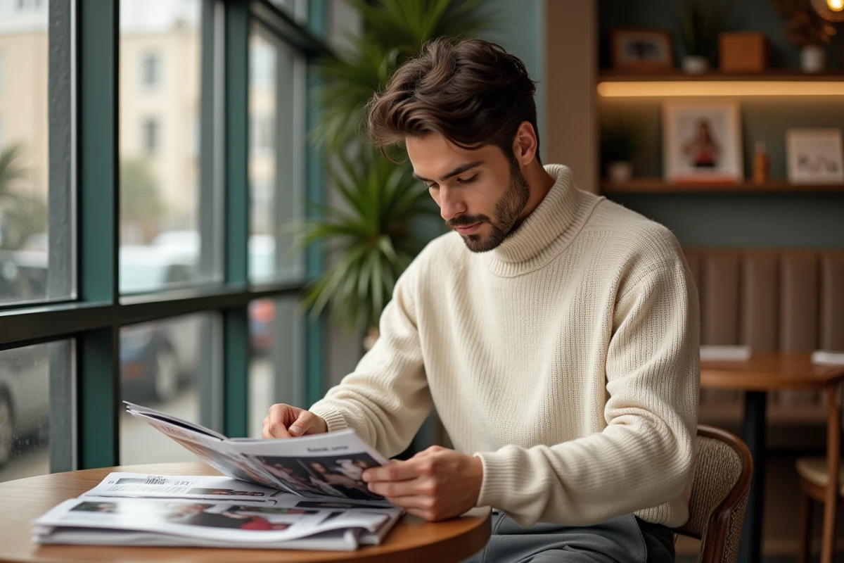 Jeune homme lisant magazines au café