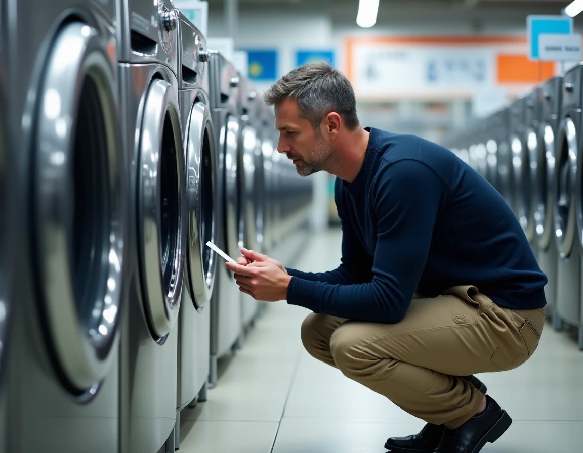 Homme comparant des lave-linges dans un magasin d'électroménager moderne