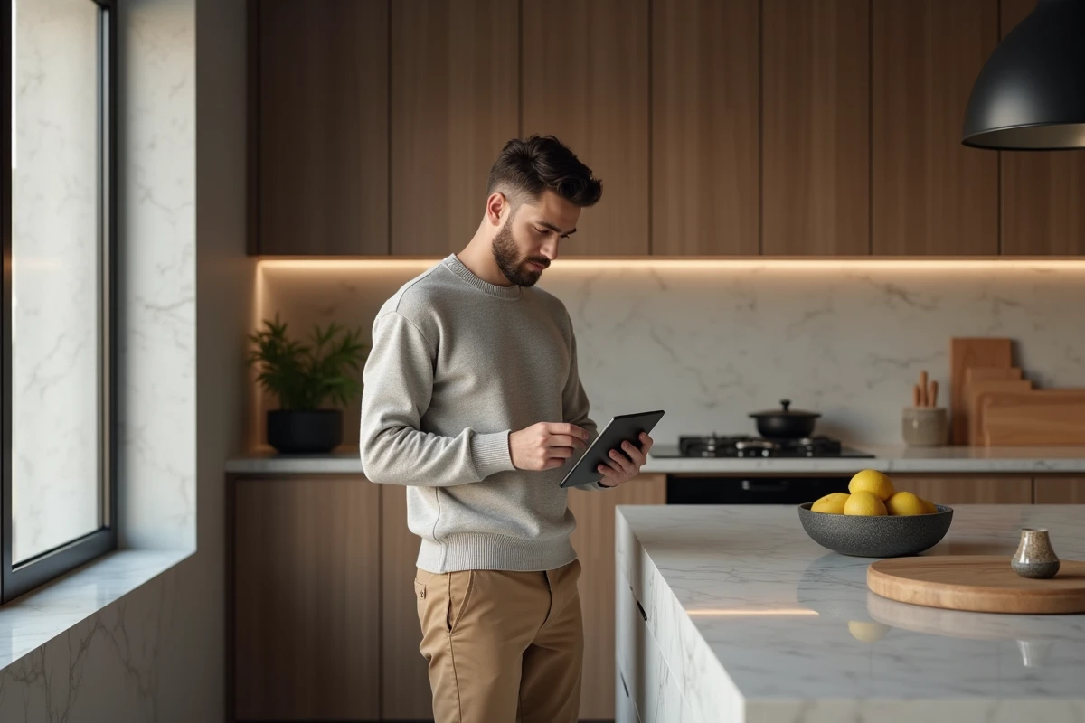 Homme dans la cuisine avec tablette pour achats en ligne