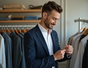 Homme élégant en blazer marine explorant une boutique de mode masculine moderne au style minimaliste