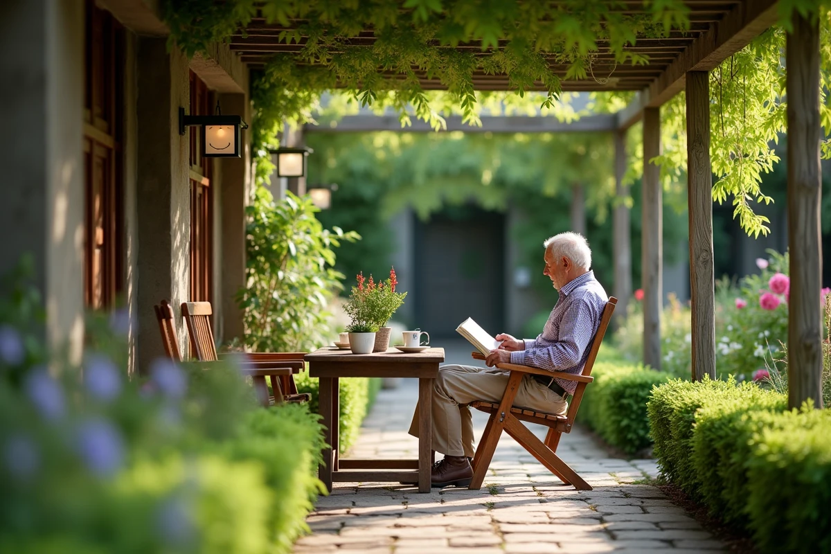 Homme âgé lisant dans un jardin ombragé