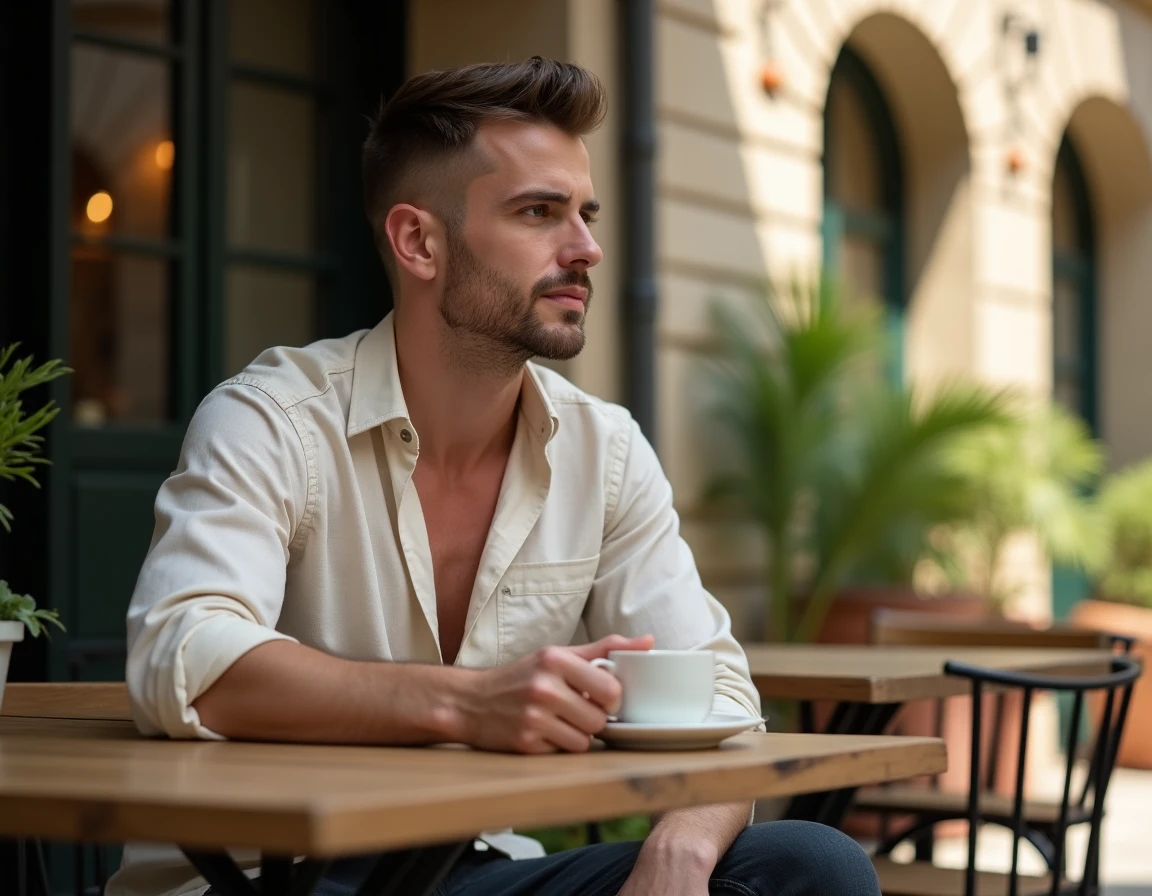 Homme moderne en chemise en lin décontractée attablé en terrasse urbaine avec une expression naturelle et détendue