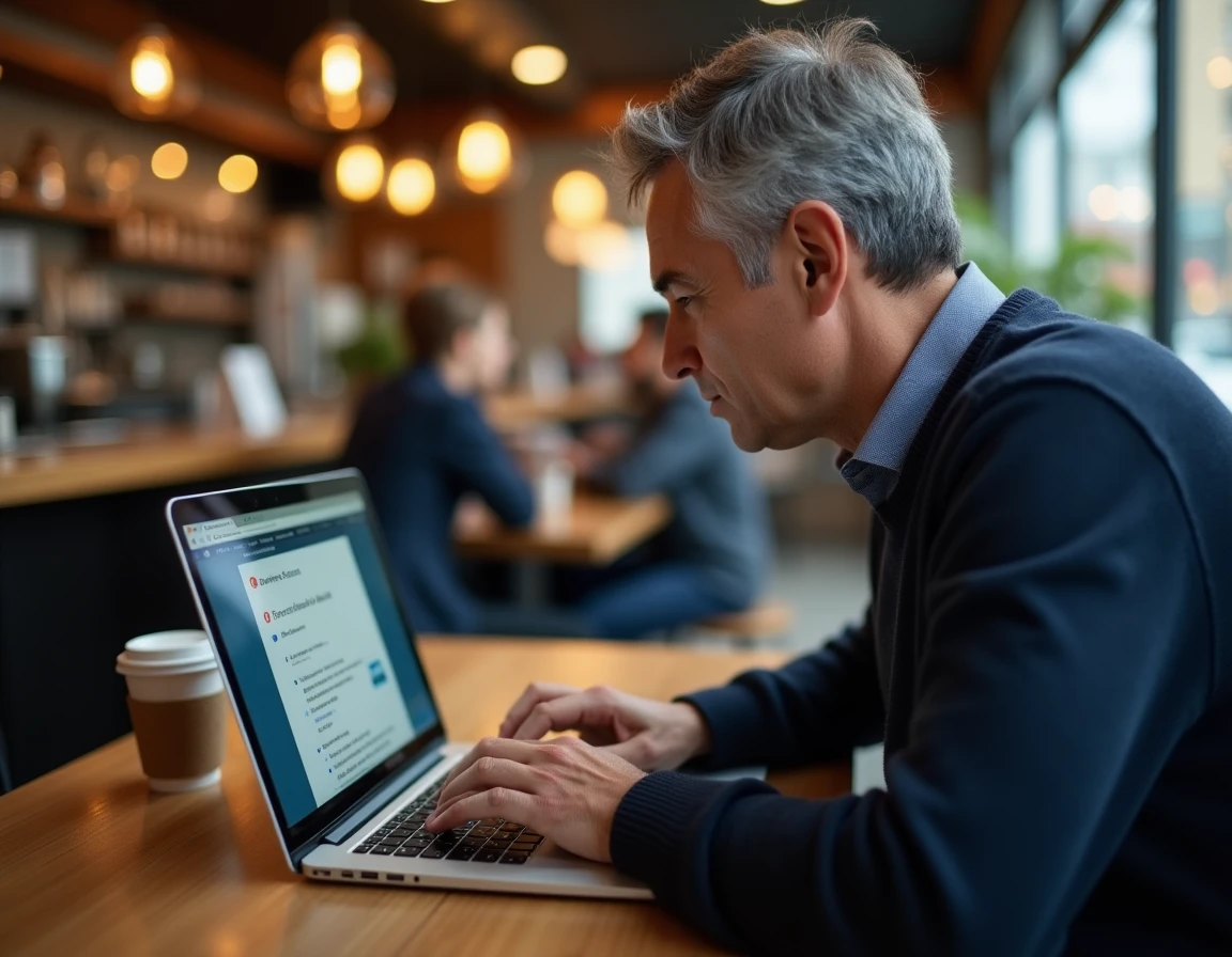 Un homme consultant les options avancées de sécurité de Firefox dans un café avec son ordinateur portable