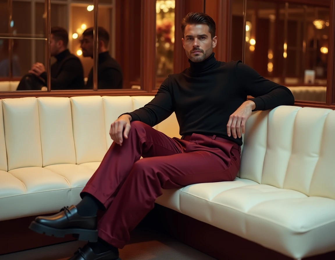 Homme en pantalon satiné bordeaux et col roulé noir style clubwear tendance pour hommes 2024