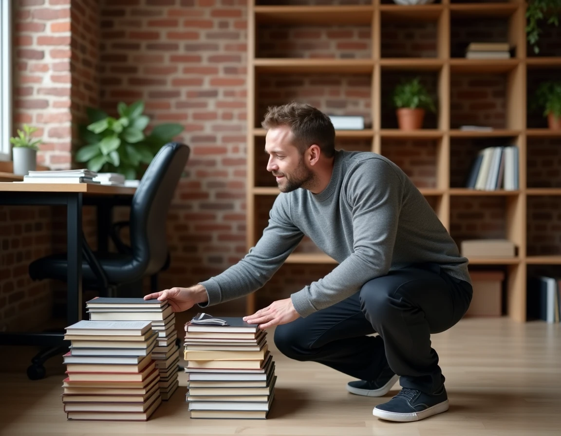 Homme évaluant la hauteur de livres au sol pour dimensionner une bibliothèque modulaire dans un bureau à domicile