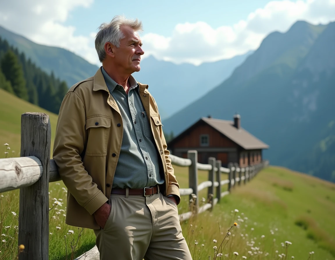 Homme d'âge mûr dans un paysage de prairie alpine du Tyrol du Sud, représentant les origines rurales de la famille de Jannik Sinner