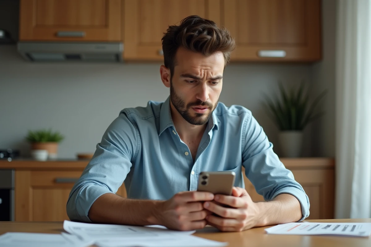 Homme en cuisine regardant son smartphone avec perplexite
