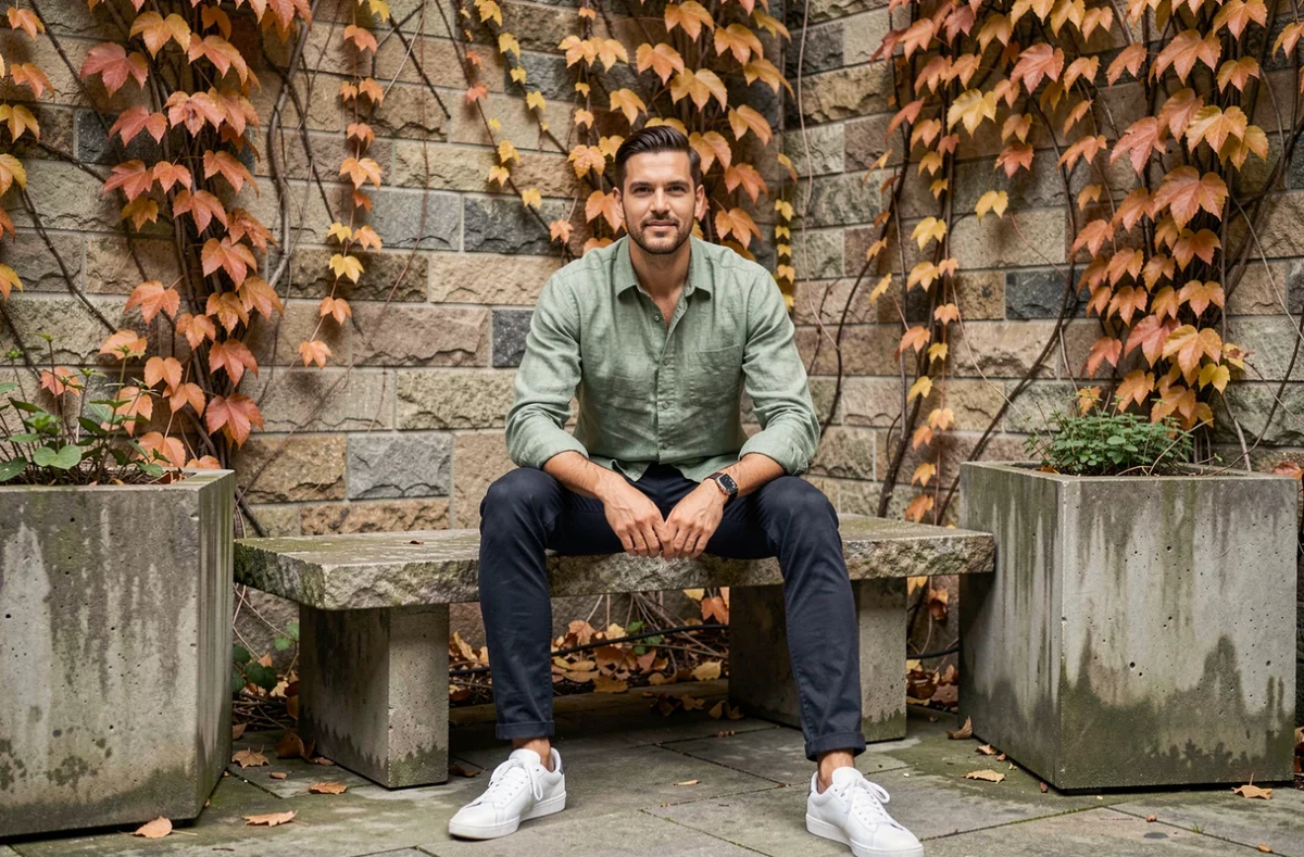 Homme tendance en tenue décontractée chic assis sur un banc en pierre dans une cour urbaine aux tons automnaux