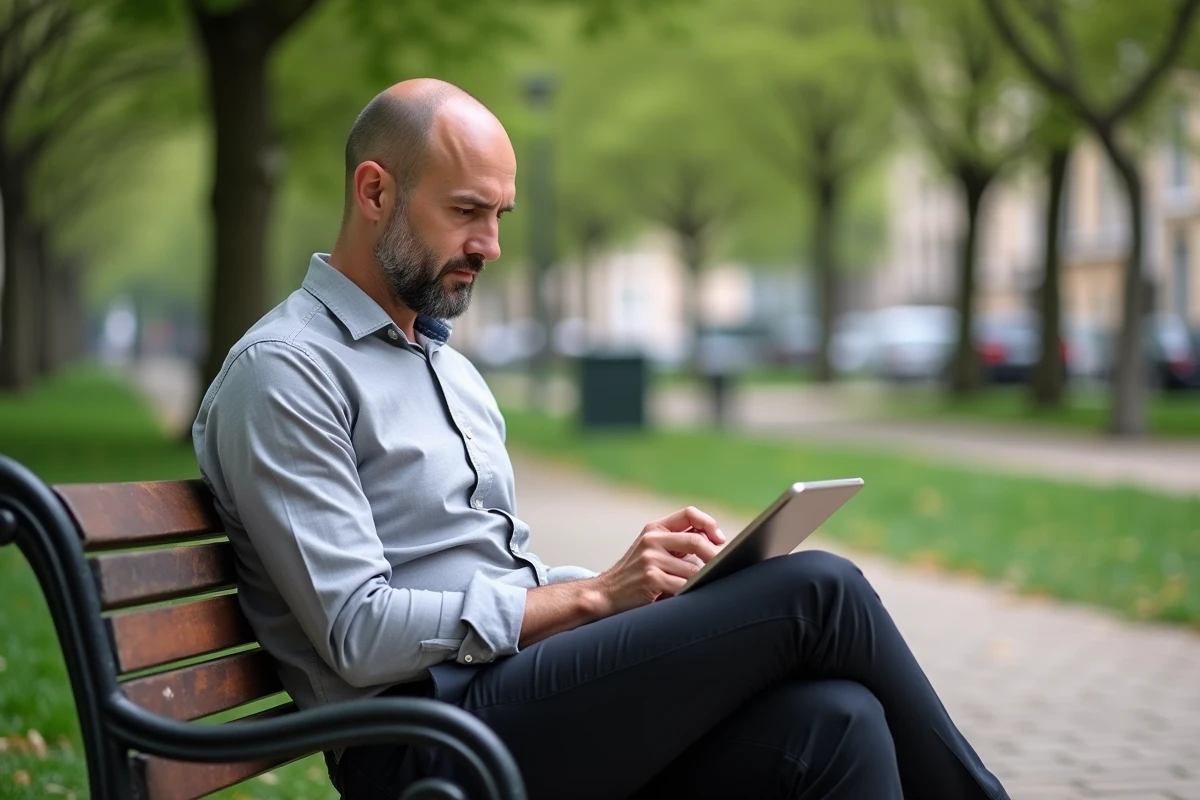 Homme utilisant sa tablette dans un parc urbain