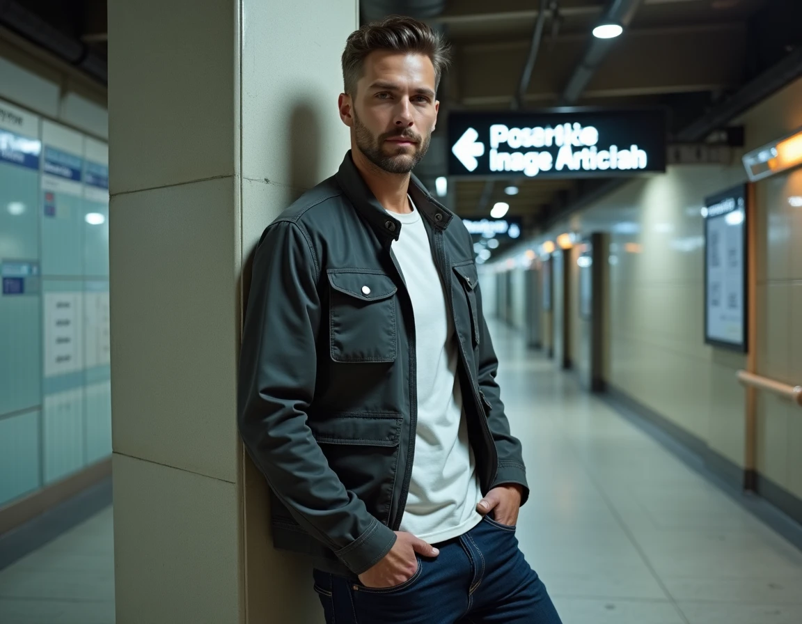 Homme en veste utilitaire charbon et jean slim dans une station de métro moderne, tendance mode urbaine masculine saison