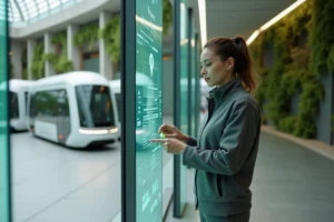 Femme utilisant une interface holographique dans un hub de transport futuriste avec architecture verte en 2050