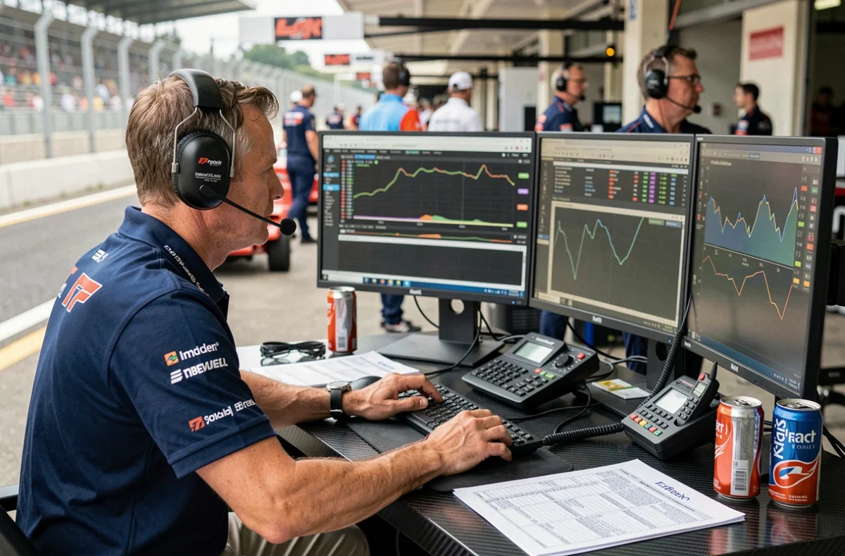 Ingénieur de course F1 analysant la télémétrie au stand, gérant la stratégie lift and coast pour optimiser les performances en course