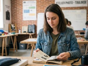 Jeune femme en classe examinant un manuel de DSLR