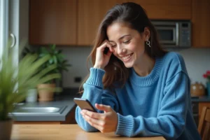 Jeune femme configurant son webmail sur smartphone à la maison