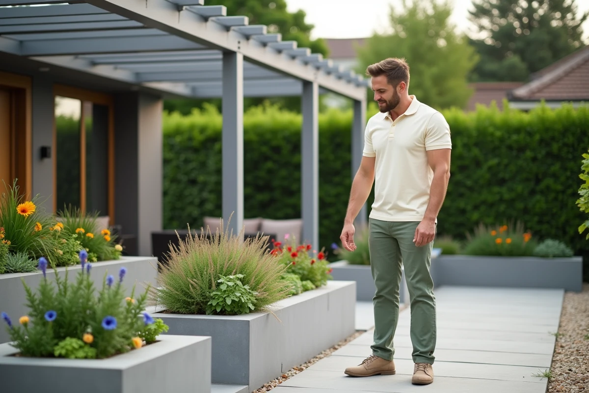 Jeune homme inspectant une pergola moderne dans le jardin