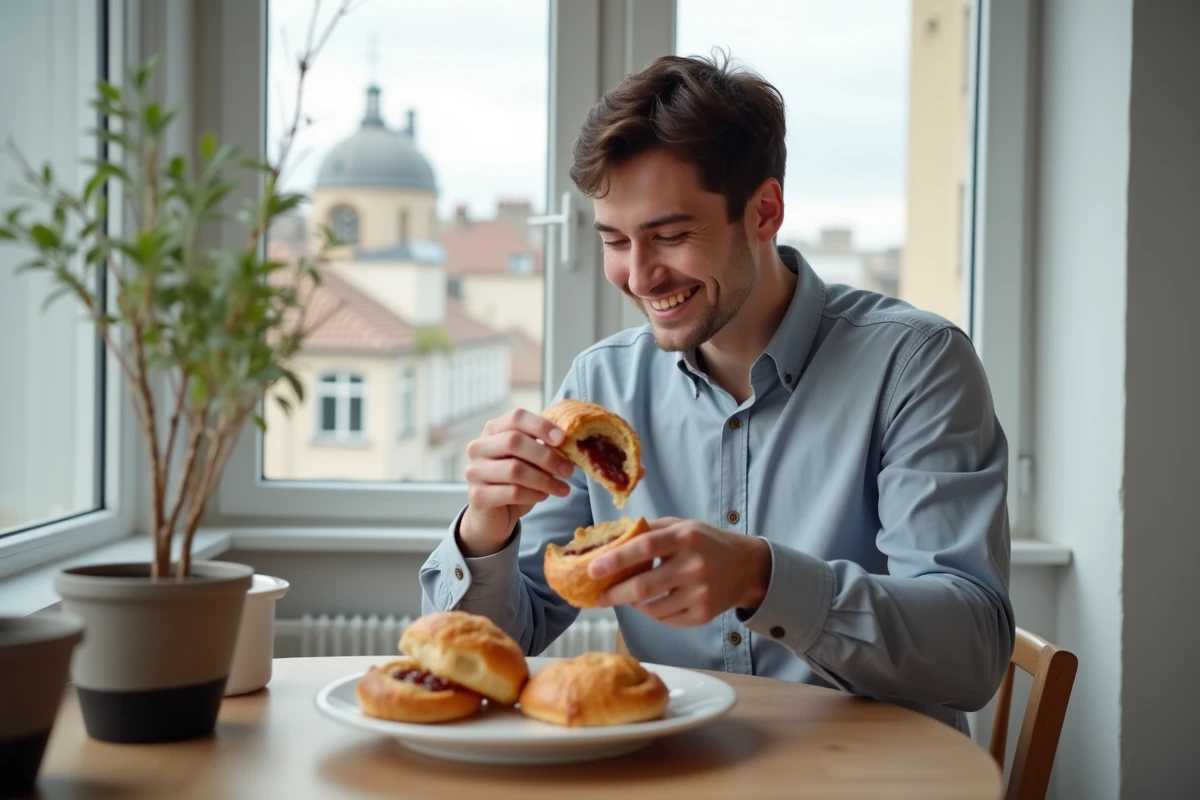 Jeune homme souriant en brisant une bouchée à la reine dans un appartement moderne