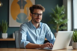 Jeune homme professionnel travaillant sur son ordinateur dans un bureau moderne