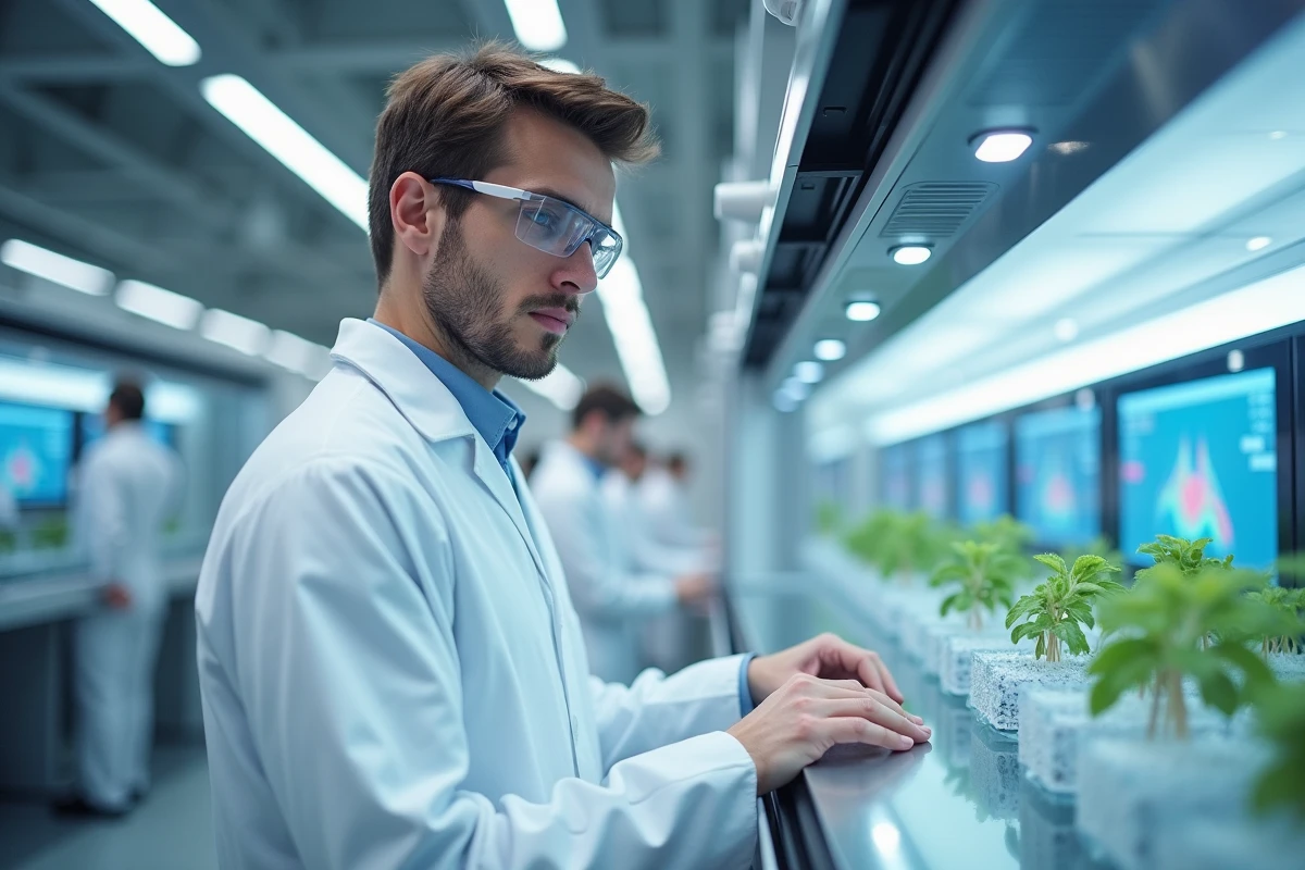 Scientifique surveillant une machine de bioimpression dans un laboratoire de recherche futuriste en 2050