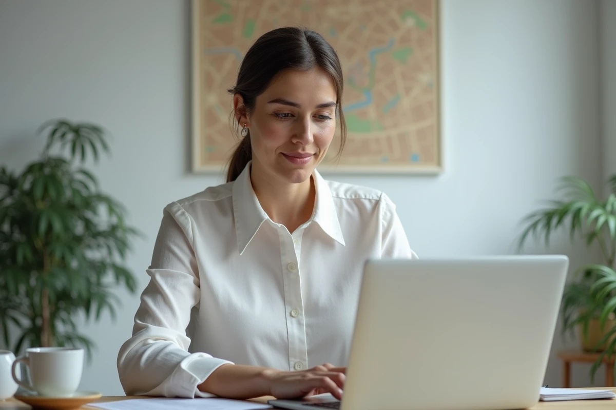 Une professionnelle rédige un mail de départ soigné depuis son bureau à domicile