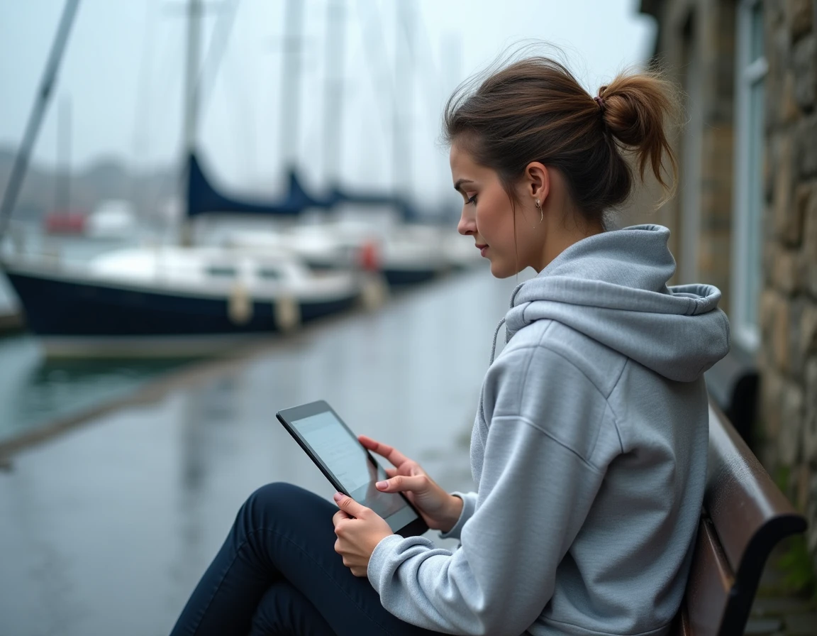Jeune femme consultant sa messagerie Zimbra sur une tablette en extérieur près du port de Cherbourg