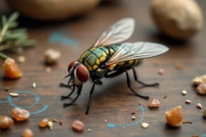 Mouche domestique en gros plan sur une table en bois ancienne entourée d'herbes séchées et de cristaux symbolisant la spiritualité