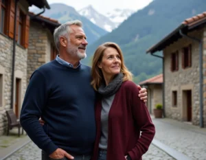 Couple de parents italiens dans un village alpin des Dolomites, évoquant les origines familiales de Jannik Sinner