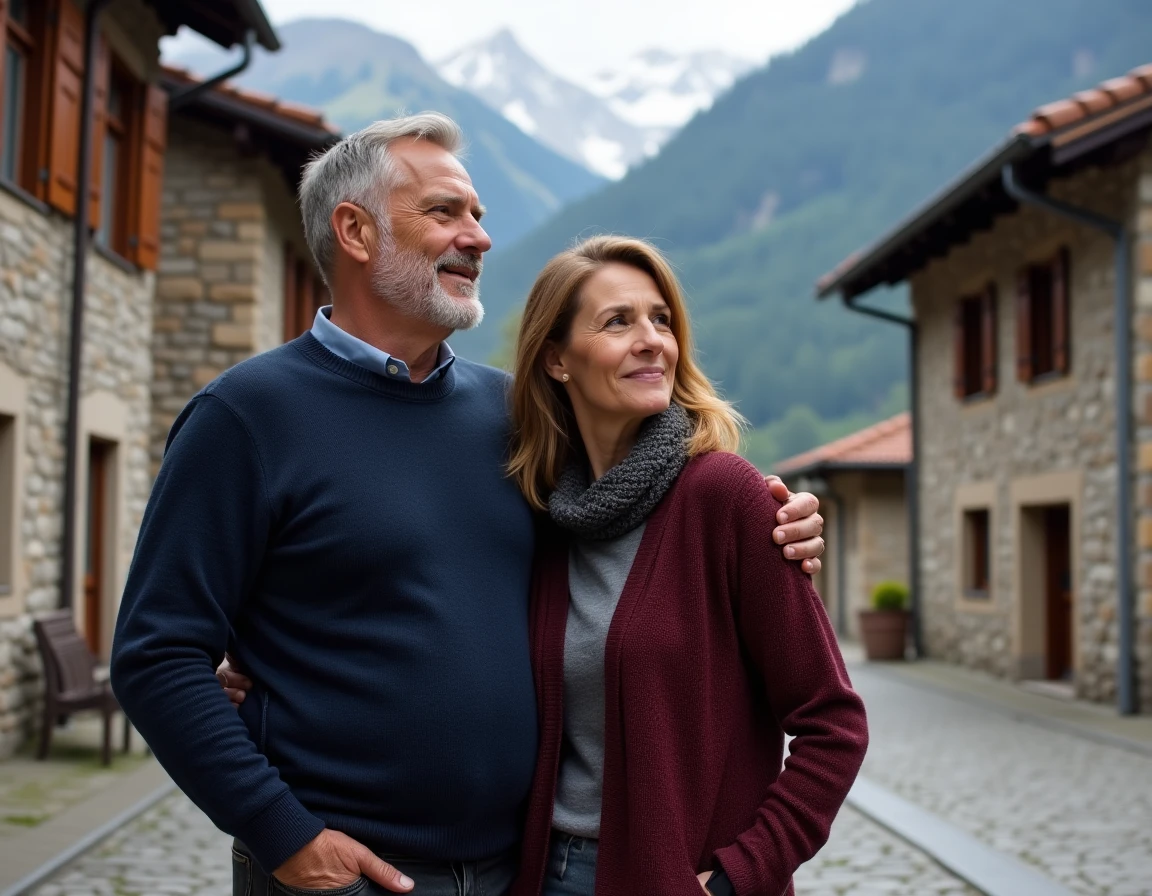 Couple de parents italiens dans un village alpin des Dolomites, évoquant les origines familiales de Jannik Sinner
