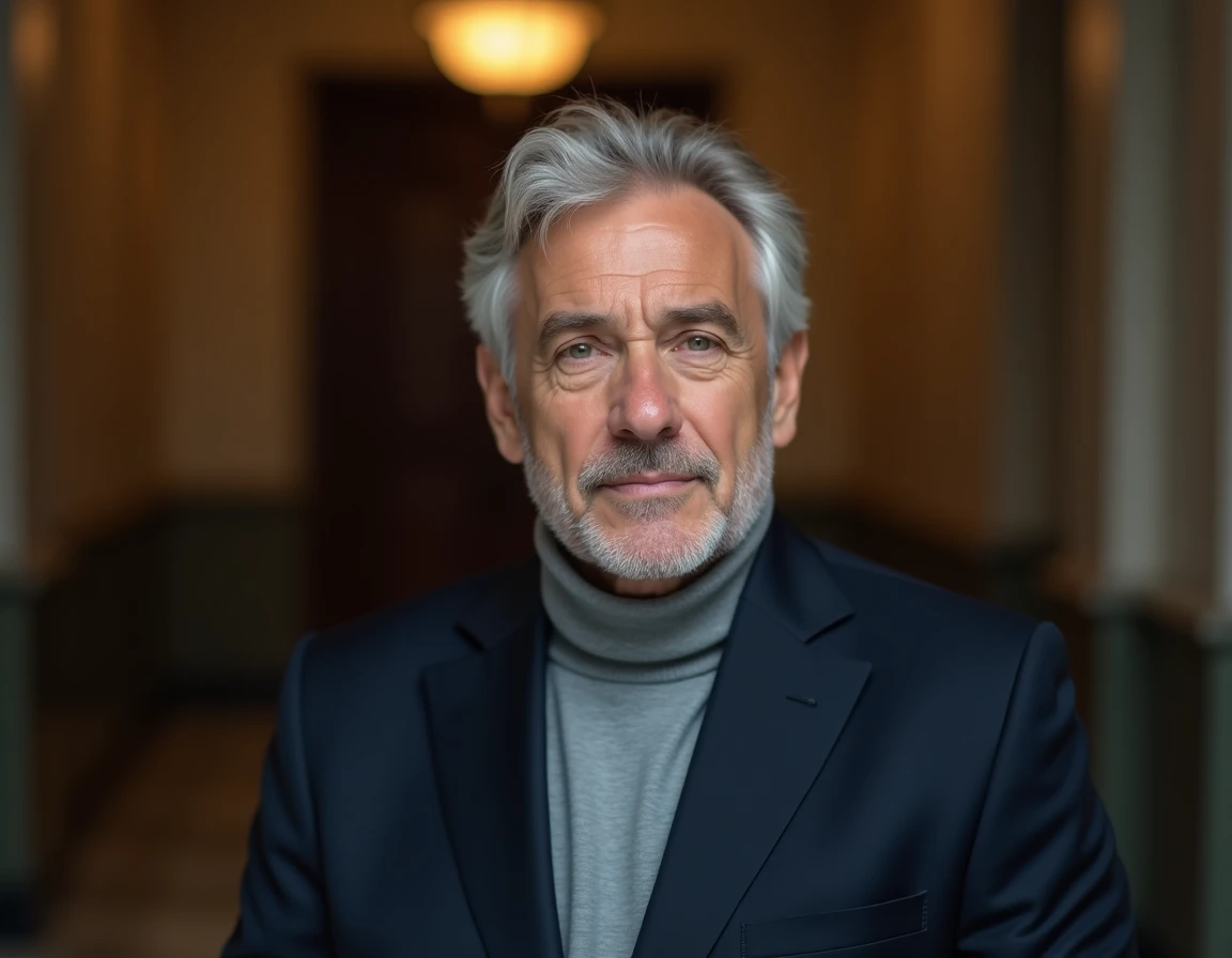 Portrait en gros plan d'un homme d'affaires mature aux cheveux poivre et sel dans un couloir en marbre d'un bâtiment prestigieux, en référence à l'hommage rendu dans la série Billions