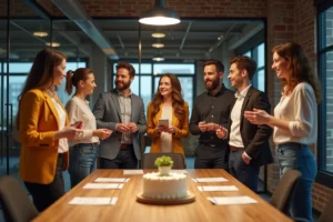 Groupe de collègues réunis autour d'une table pour un pot de départ chaleureux au bureau