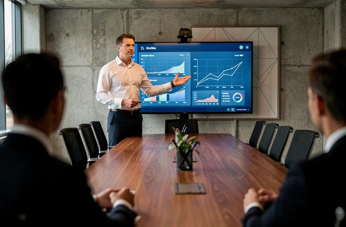 Homme d'affaires présentant des analyses de tendances économiques sur un écran interactif en salle de réunion
