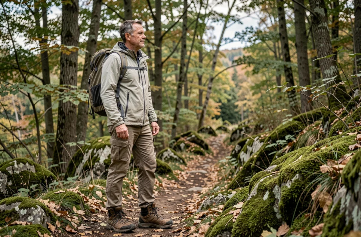 Homme adulte en randonnée sur un sentier forestier contemplant la nature en temps libre