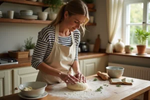 Femme préparant de la pâte à pain maison dans une cuisine familiale chaleureuse avec des ingrédients frais sur le plan de travail